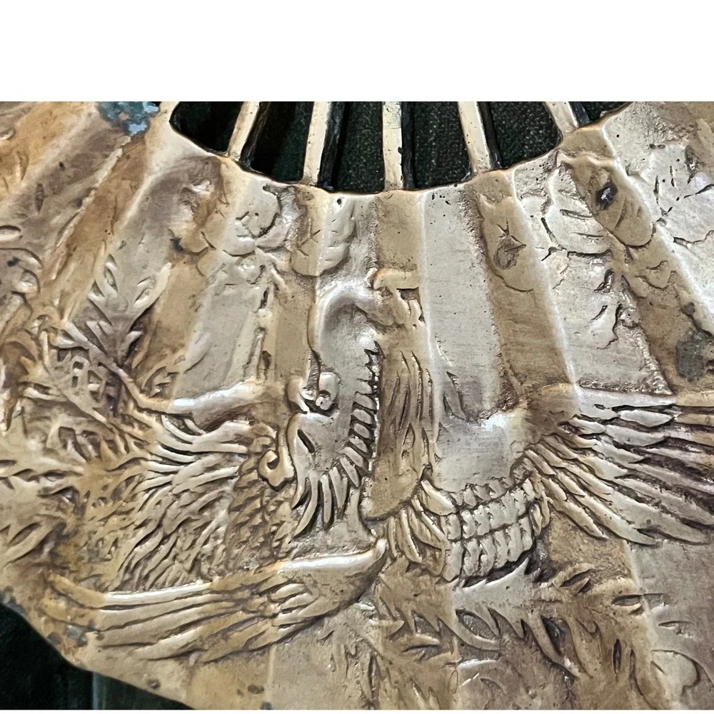 Vintage Brass Fans Set of‎ Two Embossed Dragon Phoenix Floral Taiwan